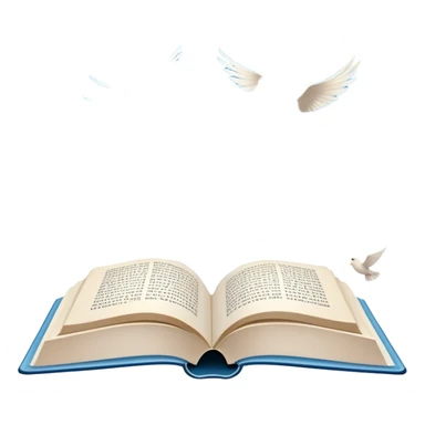 Icon for Poetry Reading: an open book with verses on the pages, from which fly pages transforming into a large flock of small white birds soaring into the blue sky. The icon should evoke the freedom and beauty of poetry. Transparent background. sticker