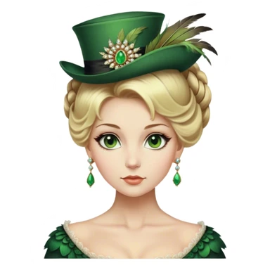 lady with Pale complexion, sharp features, high cheekbones, Blonde hair, green eyes accessorized with a feathered small hat, Regency-era elaborate updo sticker