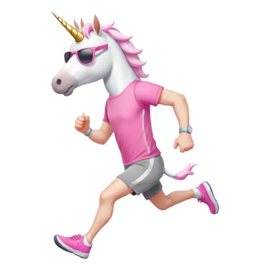 friendly anthropomorphised male white unicorn in grey shorts and pink t-shirt, wearing dark sunglasses, jogging upright in a relaxed pose sticker