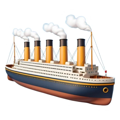 A miniature 3D Titanic ship emoji in Apple style, small and compact with smooth glossy surface, bright clean colors, simplified but recognizable details like smokestacks and windows, no facial features, floating on calm ocean, soft shadows, high-quality render, isolated on white background.



 sticker