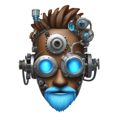 Brown cyborg head with blue Mohawk, blue beard, silver steampunk monocle goggles a smile and circuits sticker
