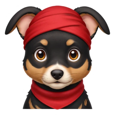 Shadow is a mixed-breed dog, a cross between a Belgian Malinois and a Border Collie. He has a sleek black coat, big upright ears, and bright, intelligent eyes. He wears a red bandana around his neck, which gives him a strong and distinctive look. sticker