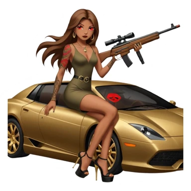 Lilith tan skinfemale red eyes symbol. Tattoo arms. Her hair is brown straight long hair.wearing sexy long sexy dress with slit. black stiletto thick platform high heels shoes on. Sitting on gold giant luxury car with cash inside . She is holding a sniper rifle in one hand cash in other hand sticker
