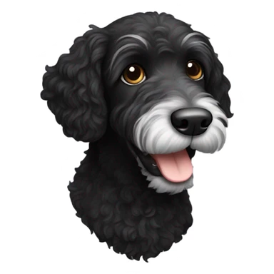 Black labradoodle with a white chin sticker