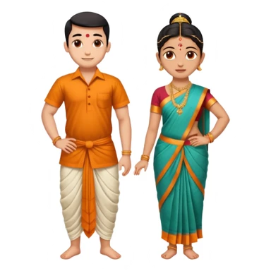 31 years young and small Brahmin boy with traditional formal cotton shirt and cotton lungi is pleasent peaceful thankful to 18 years young and fat and tall Brahmin girl with the complete decoration of bharatanatyam as godess lakshmi devi. sticker