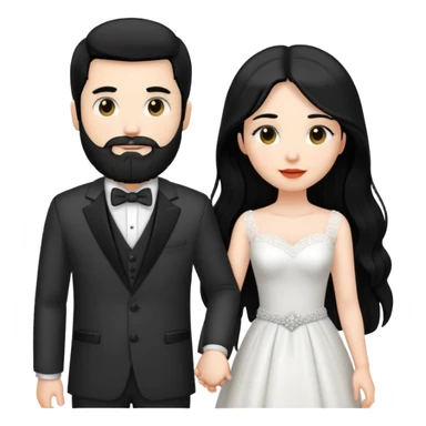 couple of newlyweds holding hands, white skin man with black hair and beard; white skin woman with long black hair and black eyes sticker