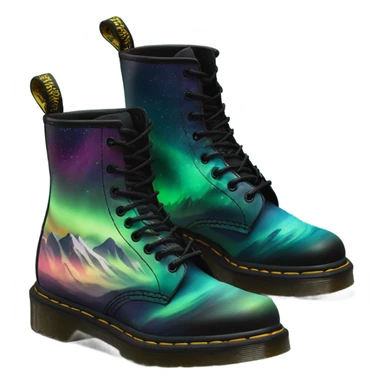 Realistic isolated pair of black Dr.Martens Jaddon Platform Boots with a Northern Lights Mountain Scene Painted on them.  sticker