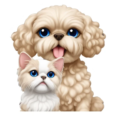 Beige curly fur Devon Rex Cat with blue eyes sitting next to a larger beige shih tzu  dog  sticker