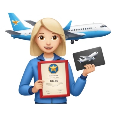 emoji student happy holding certificate IELTS 7.0, success, airplane, white background sticker