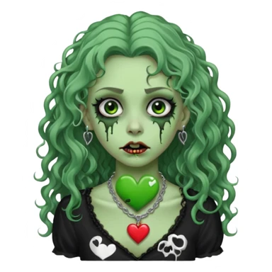 a green zombie girl with a scar on her face, long curly hair, wearing a black blouse and a silver necklace with a heart pendant downcast eyes and eyeliner sticker