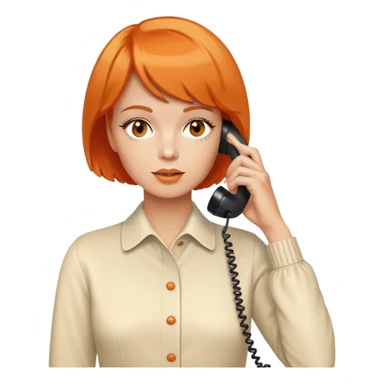 upper body of a woman with short orange hair talking on a white 70s phone sticker