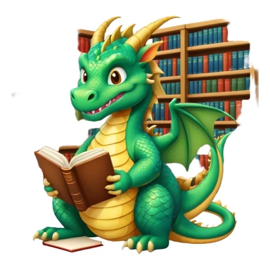 Wise grinning dragon sitting in the library with a book sticker