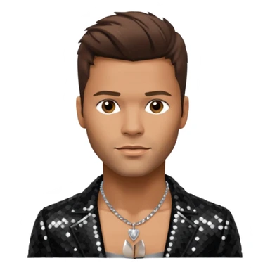 Ricky Martin with brown hair, black sequin jacket, shirtless with necklace sticker