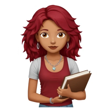 a pretty tan indian bratz girl with messy dark wavyred hair, wearing a dark red tank top, layered silver necklaces. Carrying multiple sketchbooks sticker