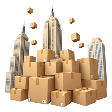 Empire State Building with plain boxes tumbling down, dynamic, fun sticker