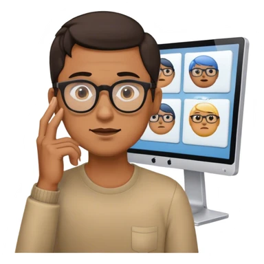 A man with glasses looks at several monitors and holds his hand to his chin sticker