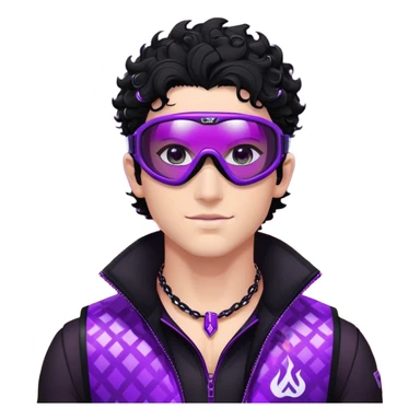 male athlete with white skin and moderately curly black hair on top with shaved sides, wearing ski goggles with purple frames and very dark black lenses, a simple plain black chain necklace, and a completely unzipped shiny vest with purple and black sequin fire pattern design, fully revealing his chest and abs, no earrings sticker