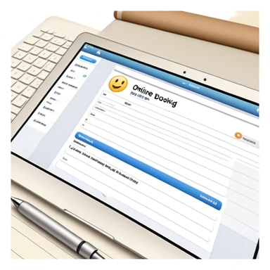 online booking system on MacBook screen next to old-style paper notebook with pen sticker