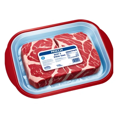 A vacuum-sealed plastic tray of frozen beef steaks, with visible frost and ice crystals on the meat surface. The label shows brand name, weight, and “Premium Beef Steaks.” The packaging has a transparent window revealing the red meat.  photorealistic food packaging. sticker