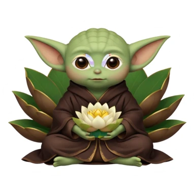 Baby Yoda con su tunica chocolate oscuro sentado dentro de una flor de loto estilo chino sticker