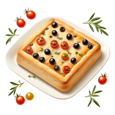 cinematic-realistic-isometric focaccia-bread-dish-emoji,-depicted-as-a-golden,-olive-oil-brushed-flatbread-sprinkled-with-herbs-rendered-with-lifelike-texture-and-soft,-appetizing-lighting showing olives on top and the cherry tomatoes sticker