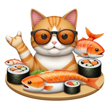 cat wearing sunglasses, looking cocky, eating sushi with more fish around sticker