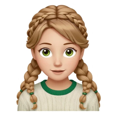 light brown hair blonde hair hazel/green eyes woman with a white cable knit sweater and one braid down her back  with tendrils of hair flowing down her face and she is happy pale, some freckles, blush. she has a cateye wing and long lashes sticker
