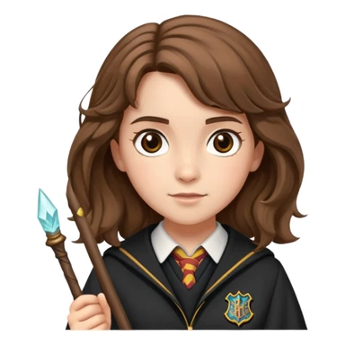 Hermione Granger with bushy brown hair, wand, and Hogwarts uniform sticker