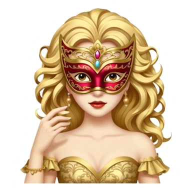 A woman in an ornate gold masquerade mask and elegant outfit, holding the mask delicately. sticker