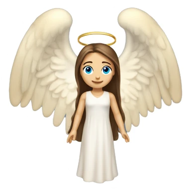 Caucasian brunette angel with long straight hair, dimples, big blue eyes, golden hoop halo over head and two wings on back sticker