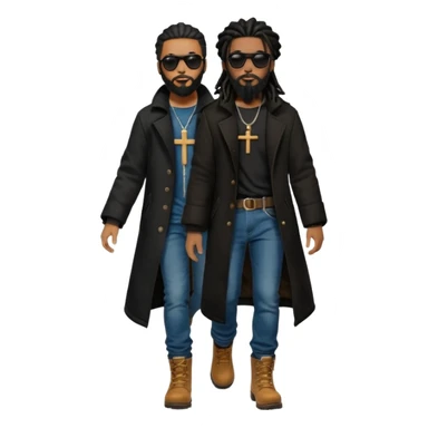 African American man with shoulder length black dreadlocks with black beard wearing black sunglasses wearing a black bubble winter coat wearing denim skinny jeans wearing wheat timberland boots walking with a dove and African American Jesus Christ behind him sticker
