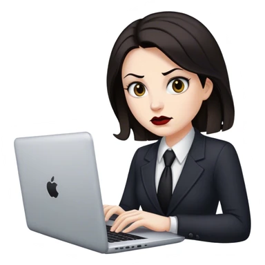 memoji of a white realtor with a laptop in front, ,modern,dark hair, evil sticker