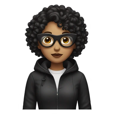 a girl holding a pan with a black mask and using glasses with curly hair and wearing a black jacket sticker