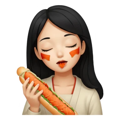 Girl black long hair eat kimchi close eyes baguette sticker
