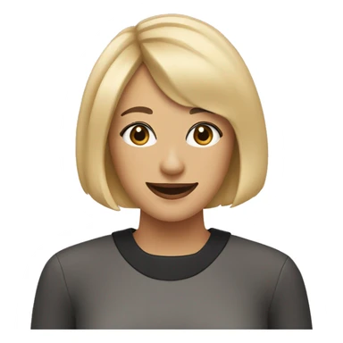 Smiling woman with a blonde bob haircut and bangs with a black curly haired dog with a white chin sticker