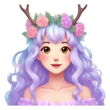 Gorgeous Shiny Colorful Pastel Anime Style Mature Lady with blushing face and pretty hair with a flower crown and antlers pastelcore kawaii cottagecore fairycore aesthetic trending style sticker