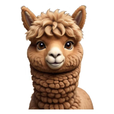 Cinematic Cute Brown Alpaca Portrait Emoji, Head tilted playfully and inquisitively, featuring a plush, rich brown fleece with a natural sheen, round, sparkling warm eyes filled with curiosity, Simplified yet irresistibly adorable features, highly detailed, glowing with a warm, friendly glow, high shine, affectionate and gentle, stylized with a touch of whimsy, bright and endearing, soft glowing outline, capturing the essence of a mischievous yet loving alpaca, so playful it feels like it could prance out of the screen and into your arms! sticker