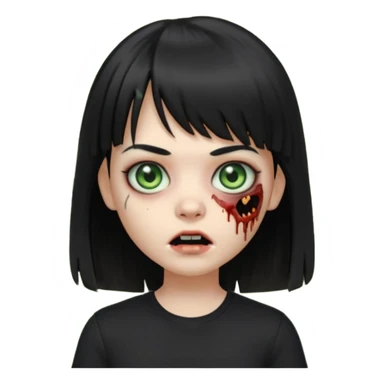 uma garota zumbi no formato Memoji da apple com o cabelo cumprido, preto liso e com franja, blusa preta sticker