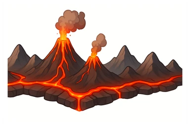 A stylized illustrated volcanic arc strip: a long chain of mountains with several erupting and dormant volcanoes, connected by glowing lava seams like a crack. The lava is vivid red-orange, slightly molten and glossy. The ridge feels like a map overlay symbol for plate boundaries and active volcanism. Clean cartoon-realistic style, smooth shading, sharp silhouette. No text, no labels. Pure white background (#FFFFFF). Wide banner composition, high resolution, 4K. sticker