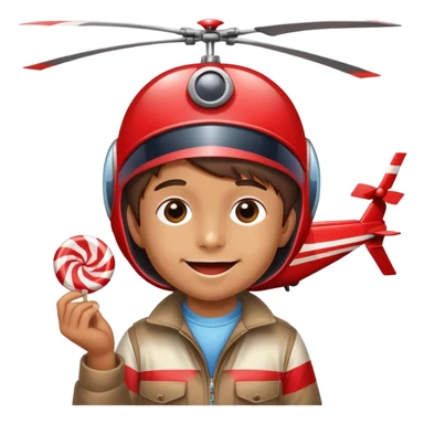 happy kid with helicopter hat eating a candy sticker