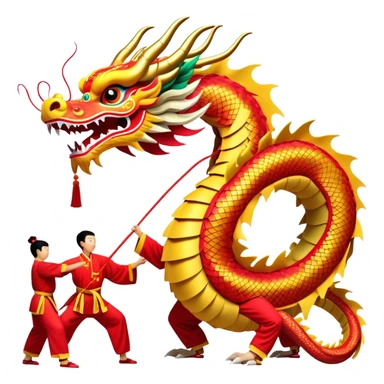 Cinematic Realistic scene of a traditional Chinese Dragon Dance featuring a team of performers skillfully manipulating a colossal, flexible dragon puppet, its intricately detailed, vibrant scales and flowing, embroidered fabric catching the light, set against a festive backdrop of red lanterns and dynamic red-tinged lighting that accentuates the majestic presence of the dragon puppet. sticker