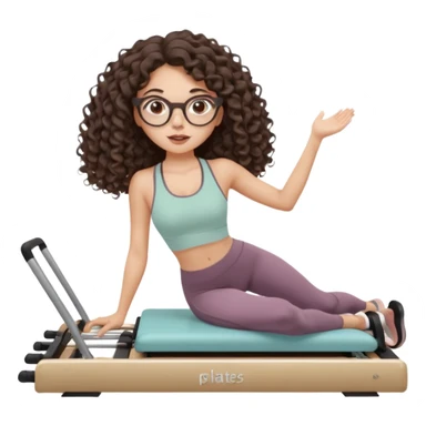 Memoji-style girl with long dark brown curly hair, round glasses, large brown eyes, soft rounded face,makeup, warm beige skin tone, wearing Pilates activewear performing Pilates and reformer Pilates exercises on a reformer machine, pastel color palette, smooth soft shading sticker