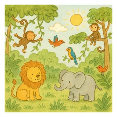 hand drawn digital illustration of jungle safari in the style of children's illustration sticker