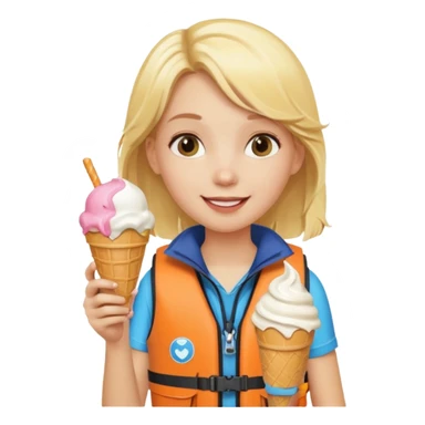 girl blonde kid wearing lifejacket, holding ice cream sticker