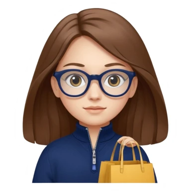 A little girl (he usually calls her baby), who is obsessed with shopping and luxury brands and holds a dozen of bags, she wears navy blue half zip sweater and holds 10 bags and she has long brown hair with Prada eyeglasses  sticker