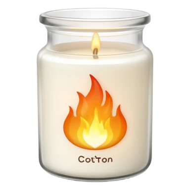 minimal flat emoji of a white scented candle in a glossy white glass jar with the label “cotton”, three visible flames, soft warm glow, clean vector style, elegant and modern, transparent background sticker