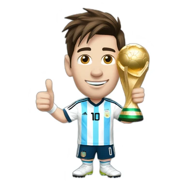 lionel messi with blue and white tshirt with argentina logo doing thumps up and the world cup trophy on the other hand sticker