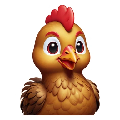 Cinematic Cute Brown Chicken Portrait Emoji, Head tilted playfully and inquisitively, featuring a lustrous brown feathered coat with a natural sheen and a subtle red comb, round, sparkling beady eyes filled with curiosity, Simplified yet irresistibly adorable features, highly detailed, glowing with a warm, friendly glow, high shine, affectionate and lively, stylized with a touch of country charm, bright and endearing, soft glowing outline, capturing the essence of a mischievous yet loving chicken, so playful it feels like it could peck out of the screen and into your arms! sticker