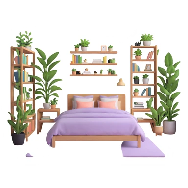 aesthetic bedroom with soft colors, plants, bookshelves, and study area sticker