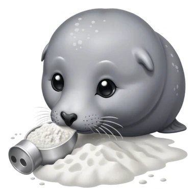 Grey seal is Sniffing white powder and holding the powder  sticker